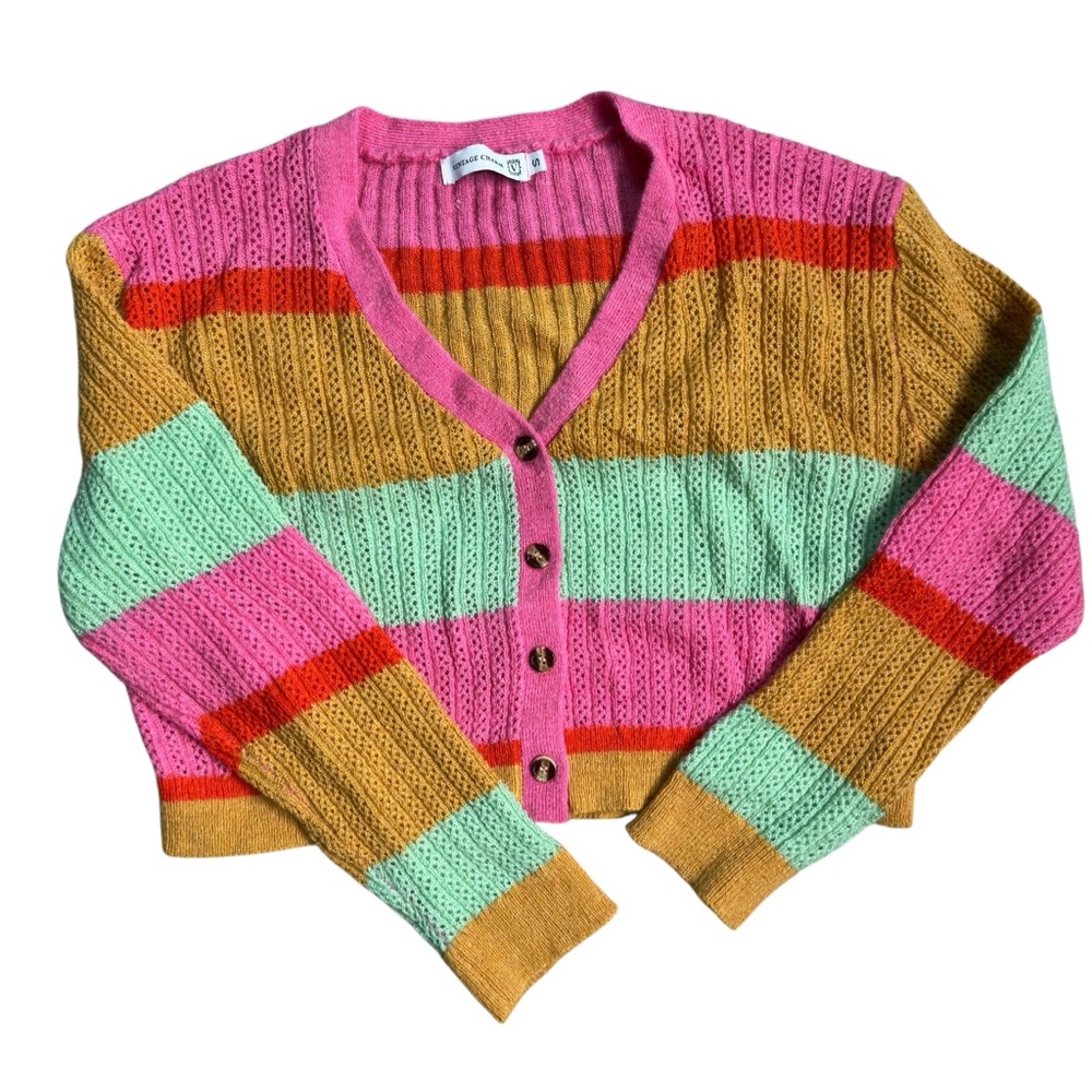 Vintage Charm Knit Cardigan Long Sleeve Button Front Colorful Stripe Sweater